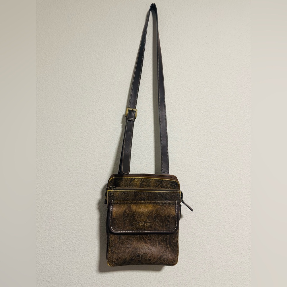 Relic Brown Embossed Paisley Leather Shoulder Bag Gold Hardware Women